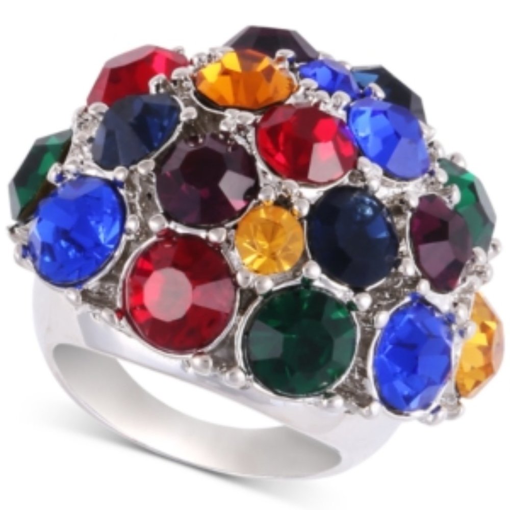 Guess Large Silver Tone Multi -color Jewel Tone Stones Statement Ring Size 7